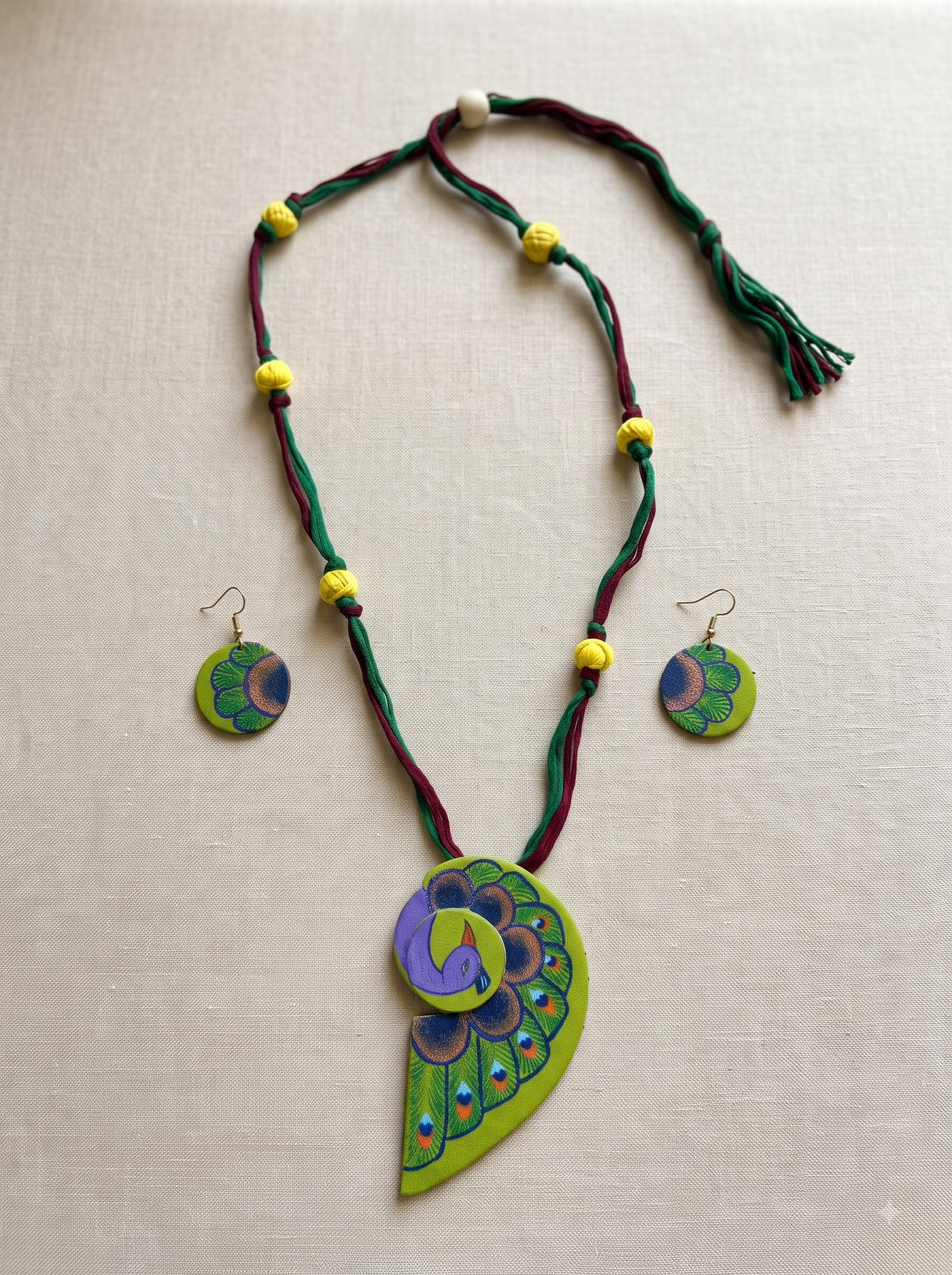 Peacock Hand Painted Fabric Necklace Set