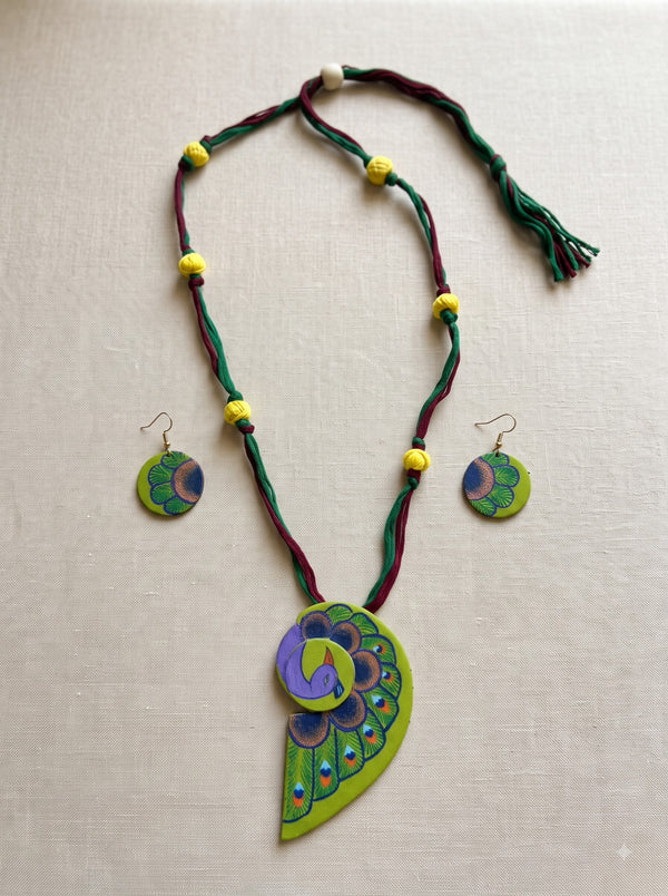 Peacock Hand Painted Fabric Necklace Set