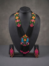 Black and Multi-Color Hand Beaded Long Necklace Set