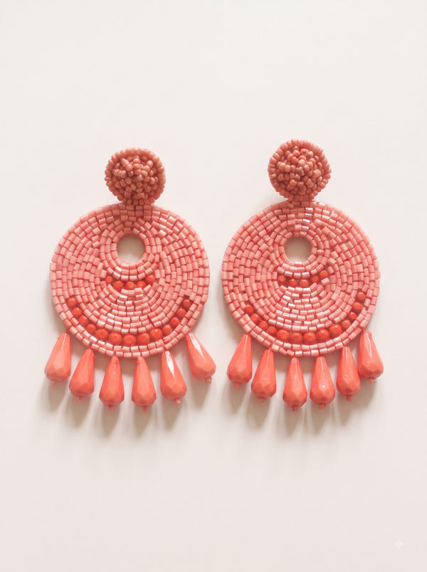 Orange and Pink Glass Beads Circular Earrings