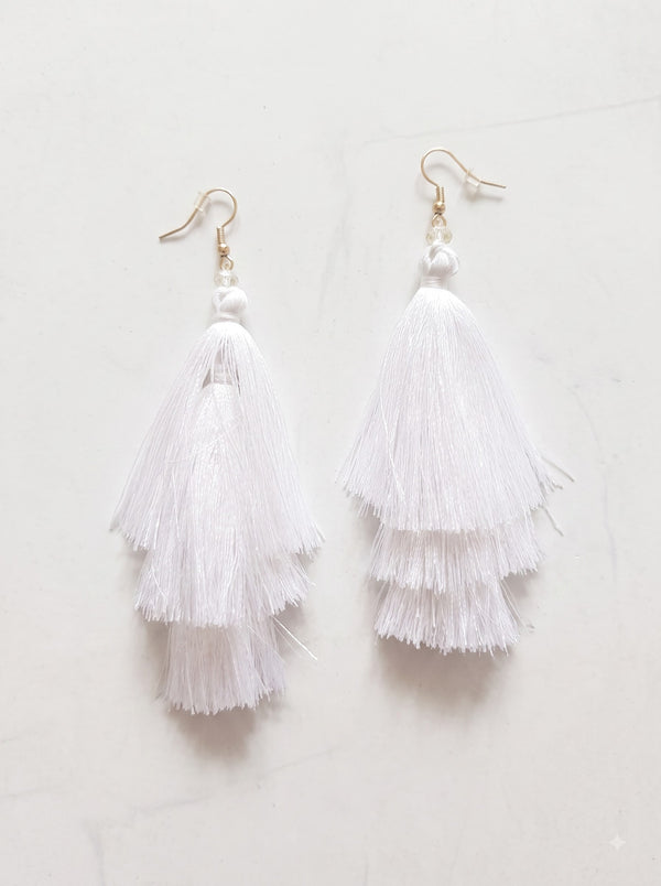 White Fabric Pom Pom Dangler Earrings