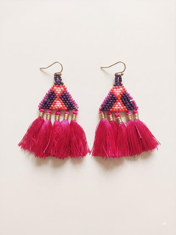 Pink Fabric Pom Pom and Beads Dangler Earrings