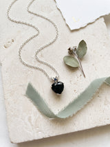 Midnight Heart Black Crystal Heart Solitaire on Dainty Silver Chain Necklace