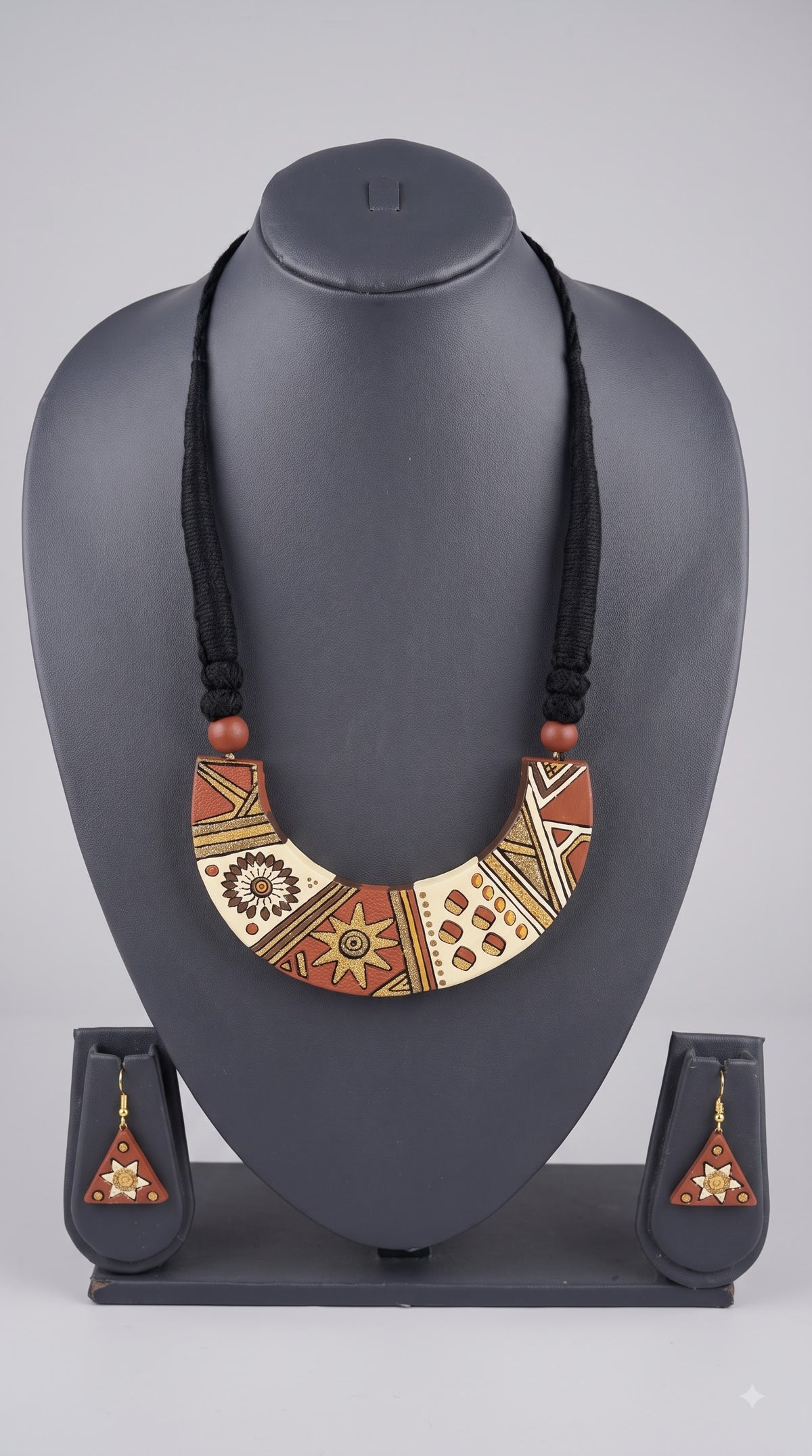 Handmade Terracotta Clay Necklace Set with Sunflower and Sunburst Motifs