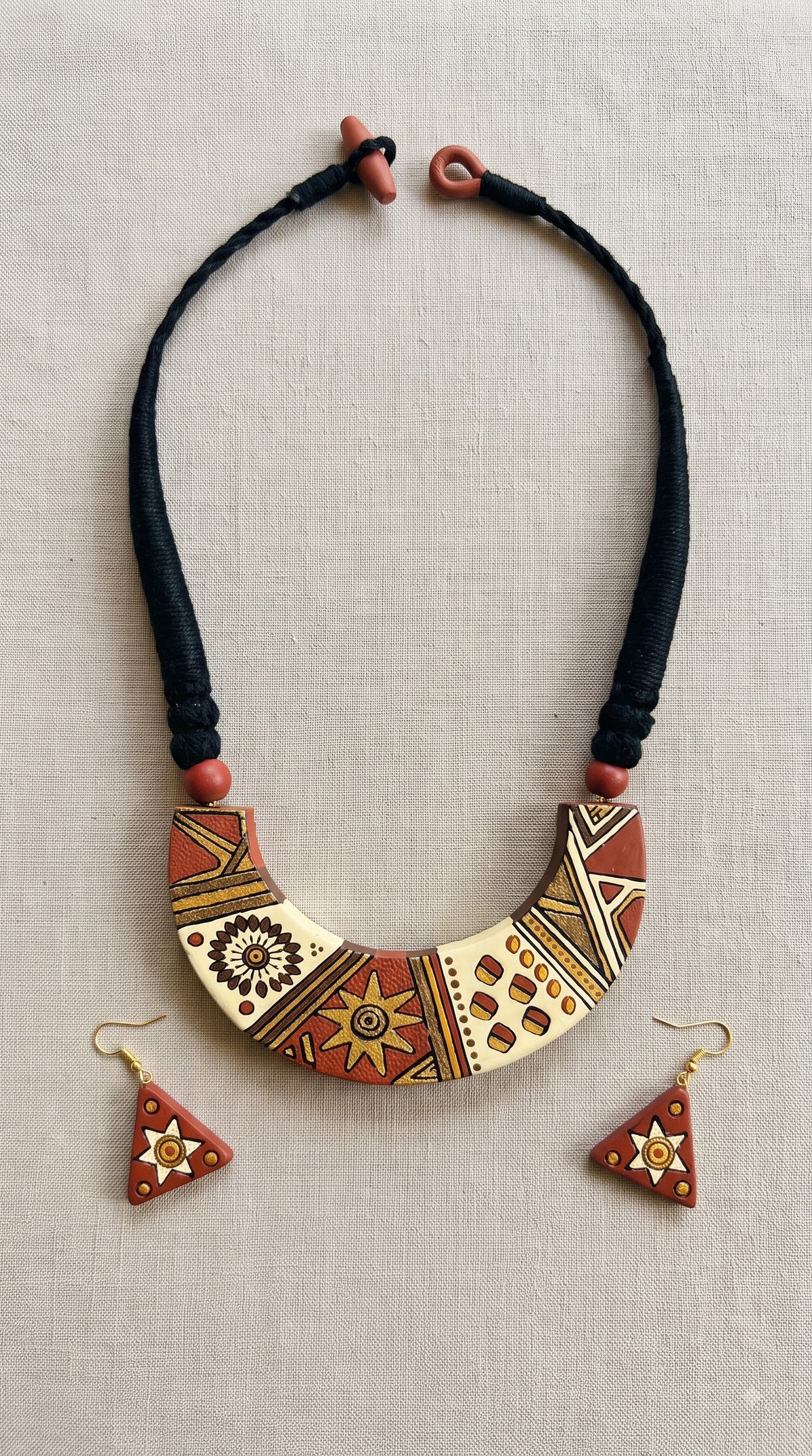 Handmade Terracotta Clay Necklace Set with Sunflower and Sunburst Motifs