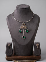 Green Stones Embedded Dual Tone Hasli Necklace Set
