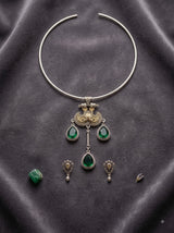 Green Stones Embedded Dual Tone Hasli Necklace Set