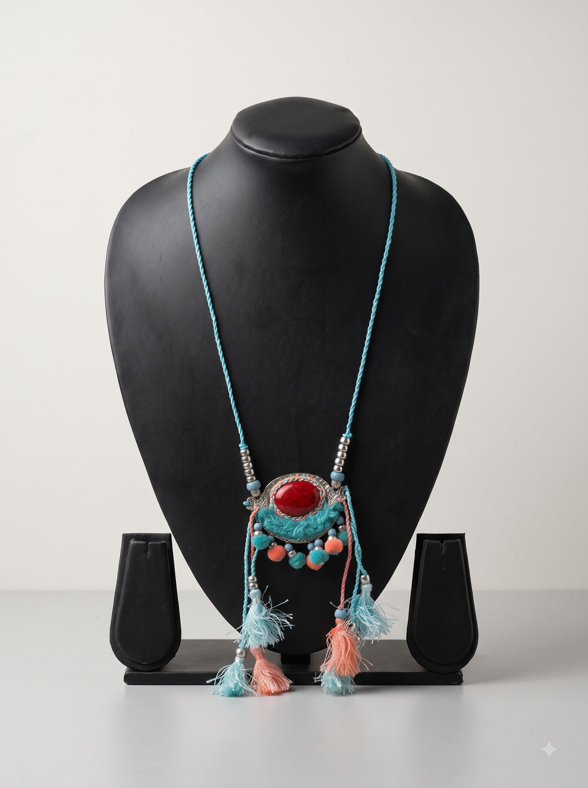 Fabric Pom Poms and Red Center Stone Long Handmade Necklace