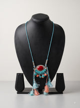 Fabric Pom Poms and Red Center Stone Long Handmade Necklace