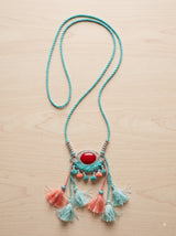Fabric Pom Poms and Red Center Stone Long Handmade Necklace