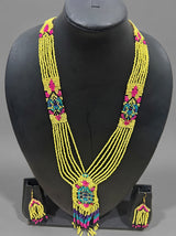 Yellow, Pink and Blue Hand Beaded Long Necklace Set