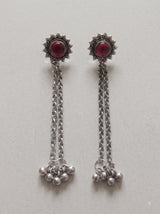 Red Center Stone Oxidised Long Chain Earrings