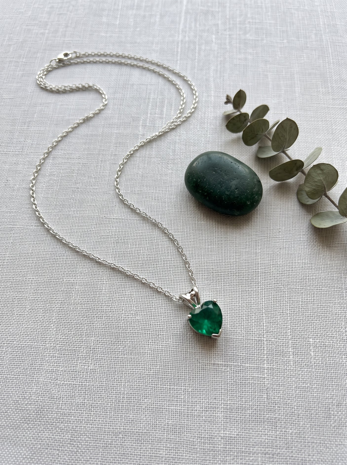 Emerald Green Heart Crystal Solitaire on Dainty Silver Chain Necklace