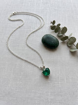 Emerald Green Heart Crystal Solitaire on Dainty Silver Chain Necklace