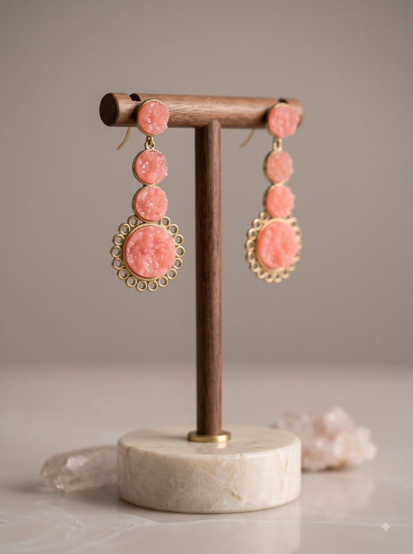 Peach Druzy Gemstone and Metal 3 Layer Gold Finish Earrings