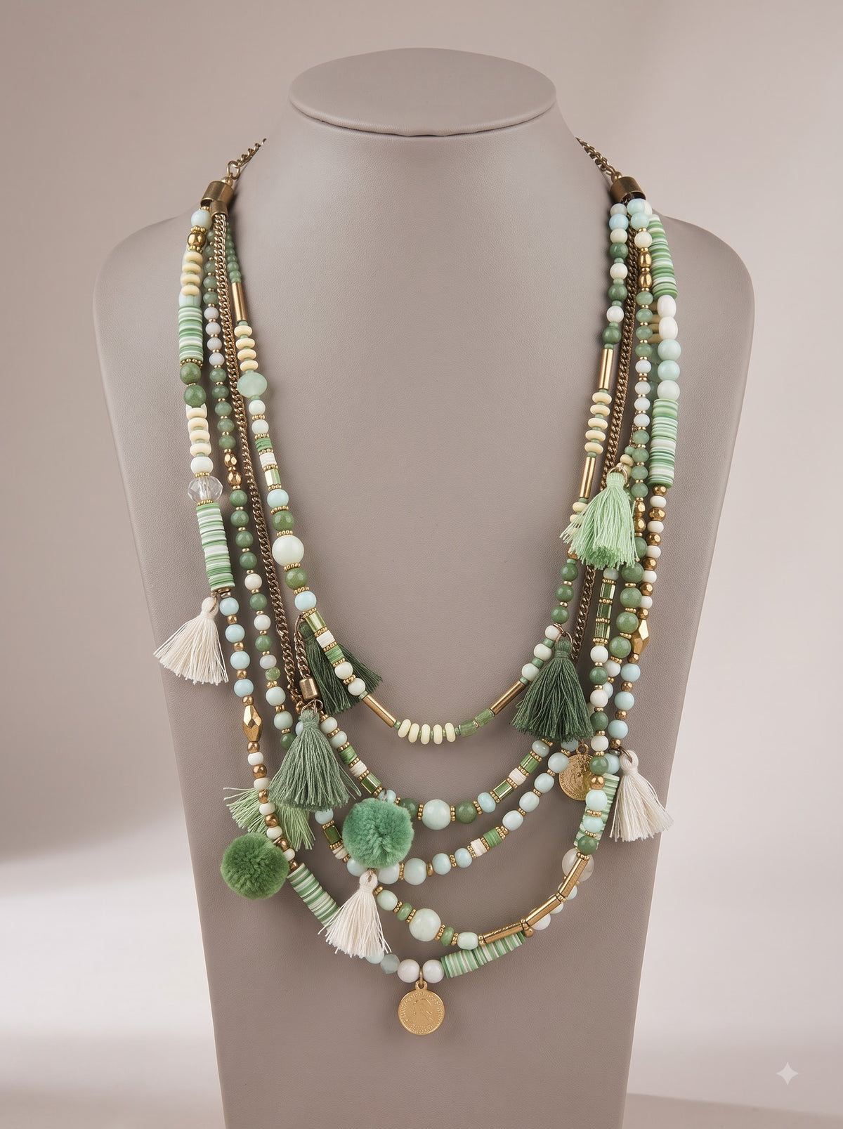 Sea Green Boho Beads and Pom Pom Multi-Layer Necklace