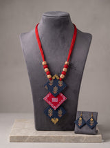 Hand Painted Fabric Red and Blue Necklace Set