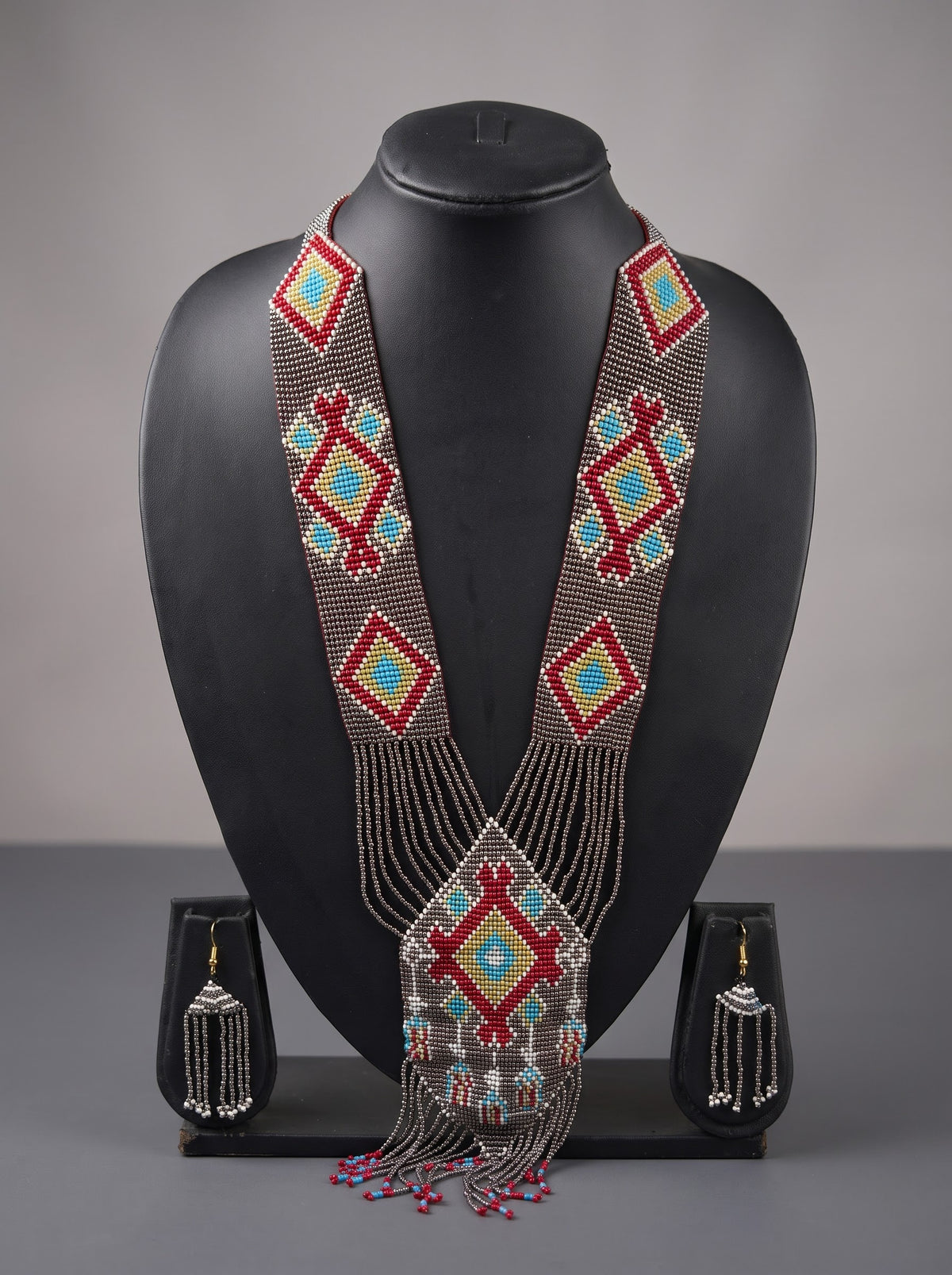 Grey and Red Hand Beaded Long Necklace Set