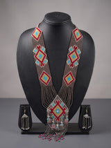 Grey and Red Hand Beaded Long Necklace Set