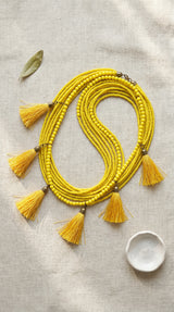 Yellow Beaded Multi-Layer Handmade Boho Necklace with Pom Pom Details