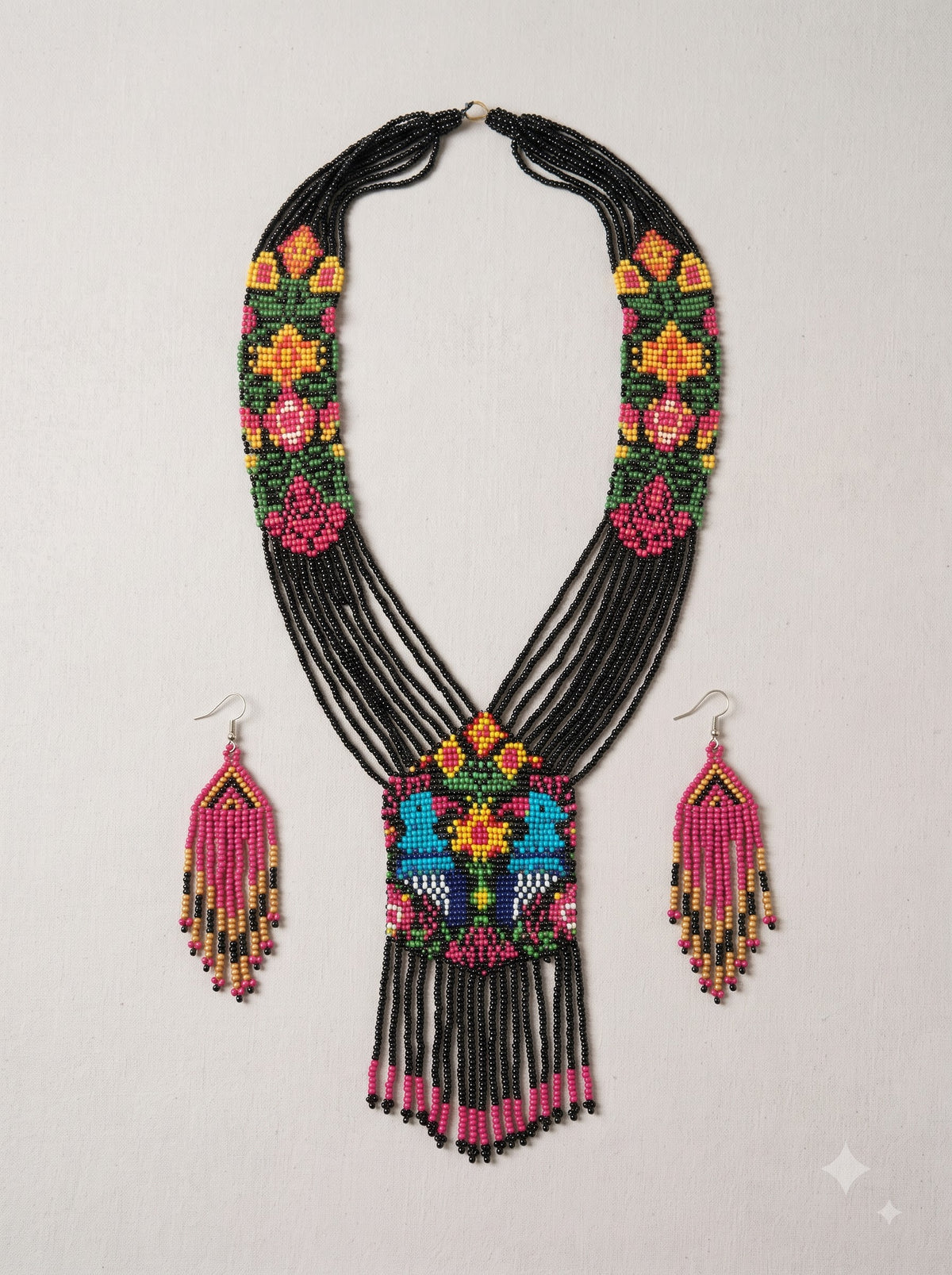 Black and Multi-Color Hand Beaded Long Necklace Set