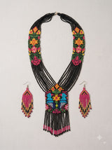 Black and Multi-Color Hand Beaded Long Necklace Set