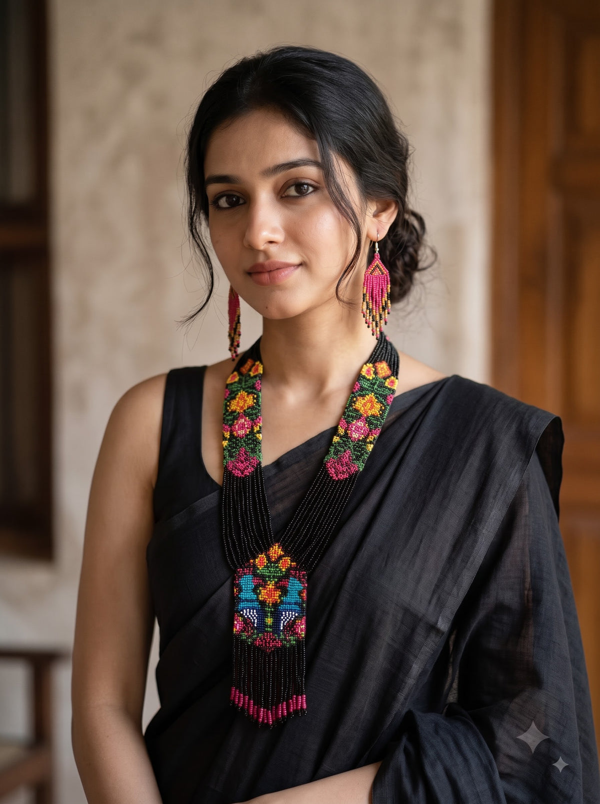Black and Multi-Color Hand Beaded Long Necklace Set