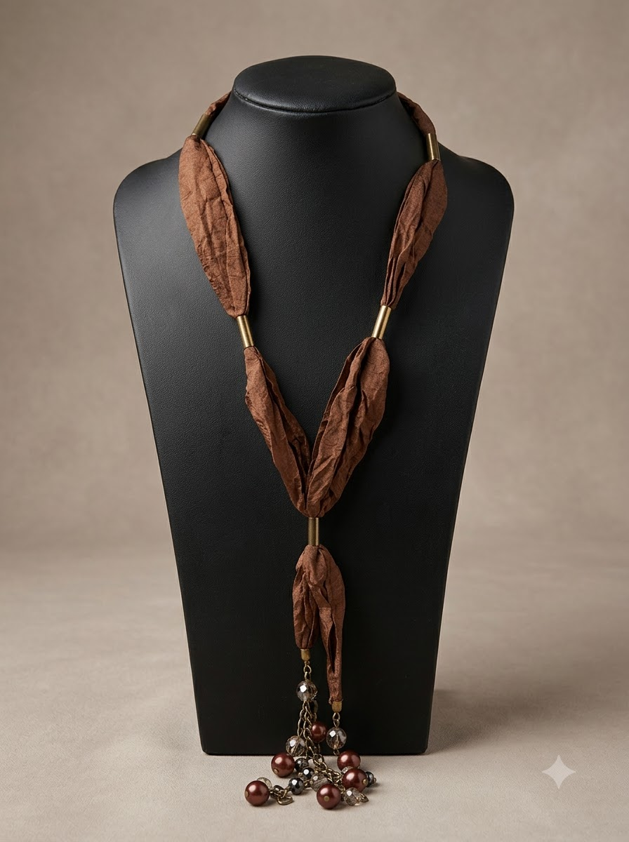Brown Fabric and Metal Charms Boho Neklace