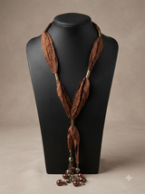 Brown Fabric and Metal Charms Boho Neklace