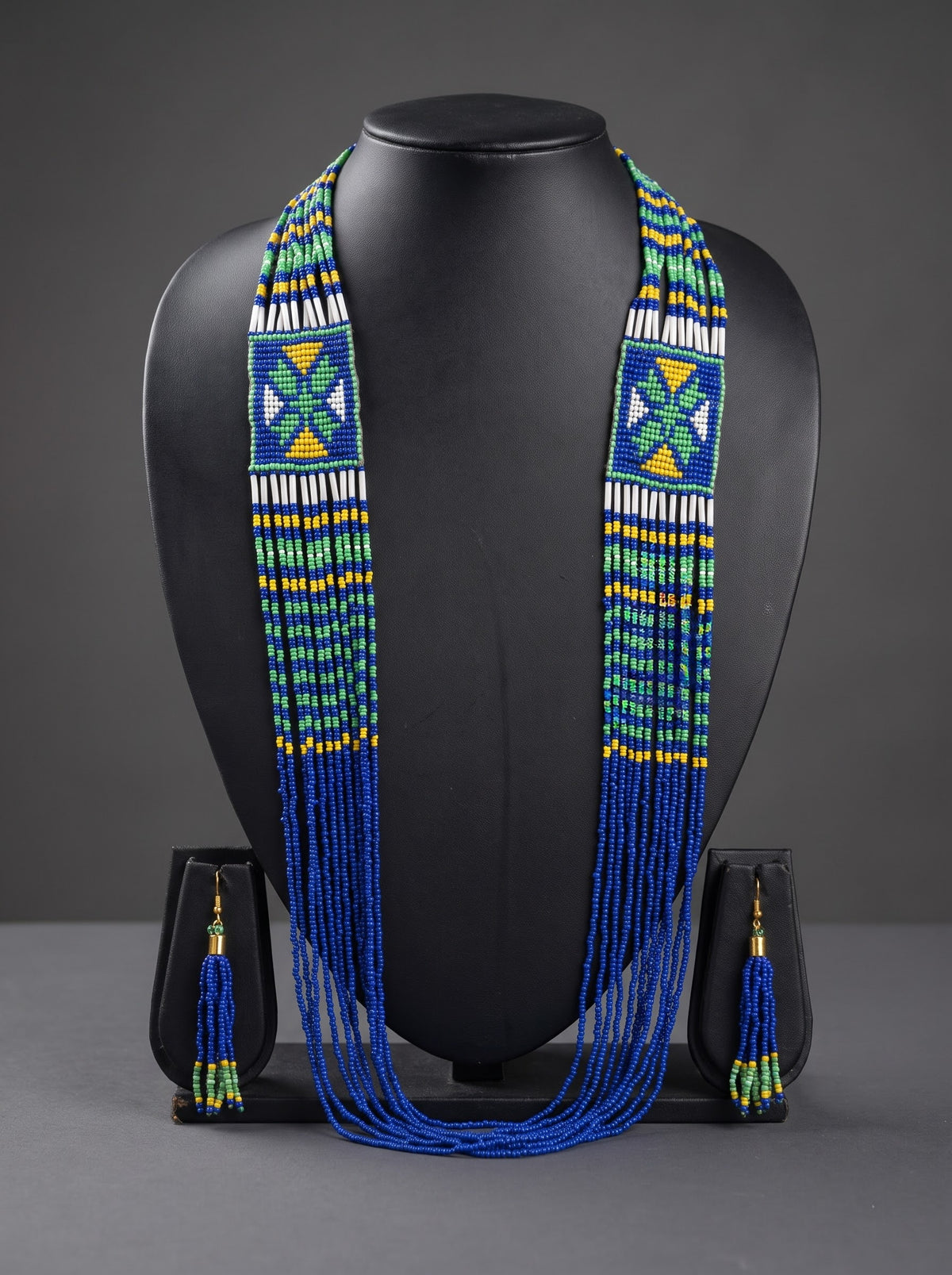 Blue and Green Hand Beaded Long Necklace Set