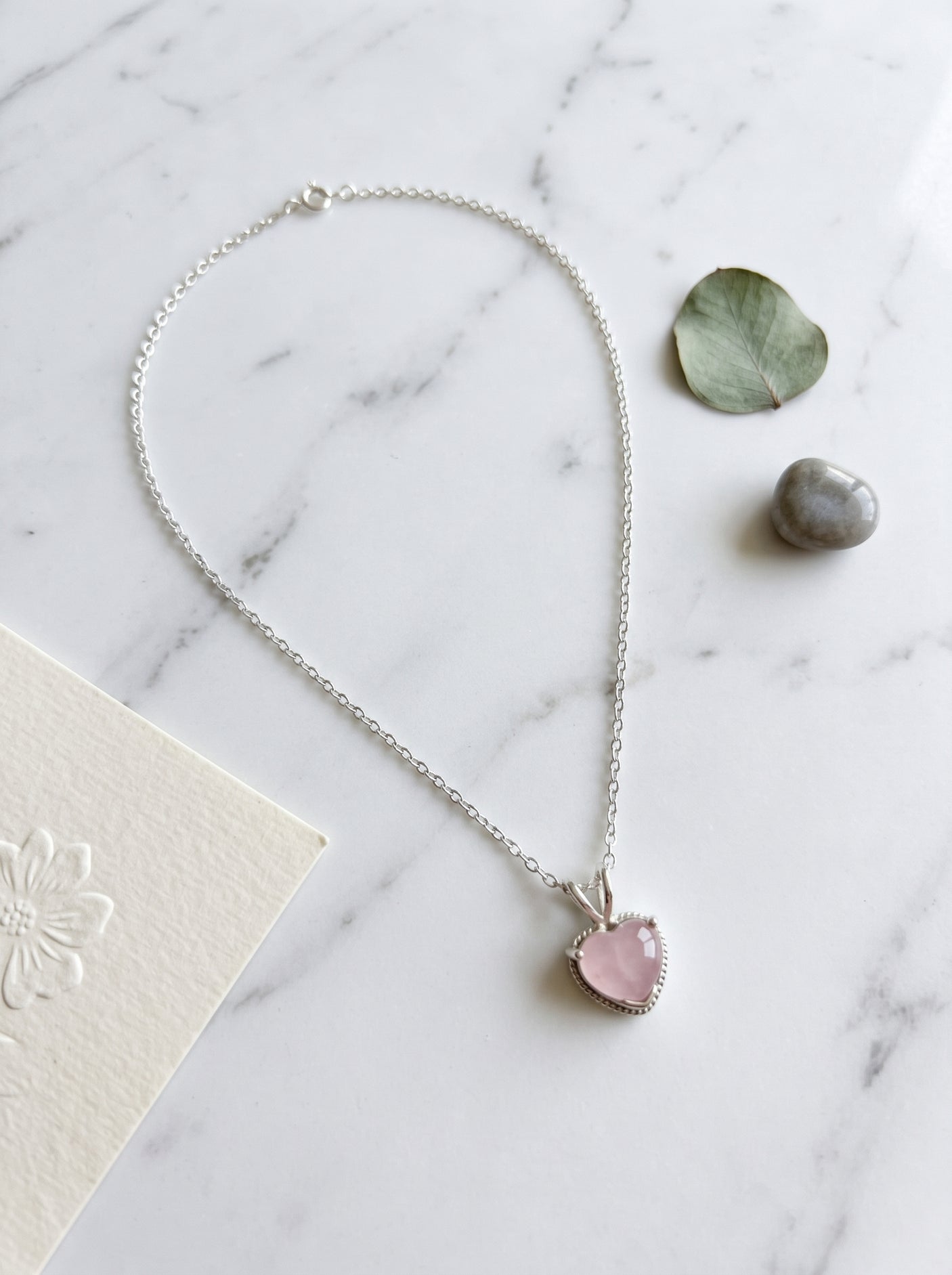 Blush Rose Quartz Heart Solitaire on Dainty Silver Chain Necklace
