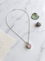 Blush Rose Quartz Heart Solitaire on Dainty Silver Chain Necklace