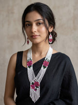 White and Pink Rose Hand Beaded Long Necklace Set