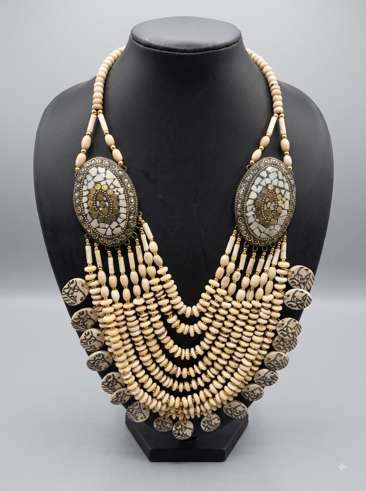 Ivory Bone Beads Quirky Statement Necklace with Mosaic Details