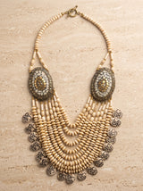 Ivory Bone Beads Quirky Statement Necklace with Mosaic Details