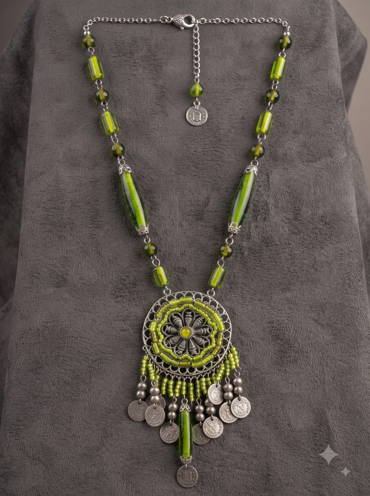 Green Glass Beads and Metal Boho Necklace