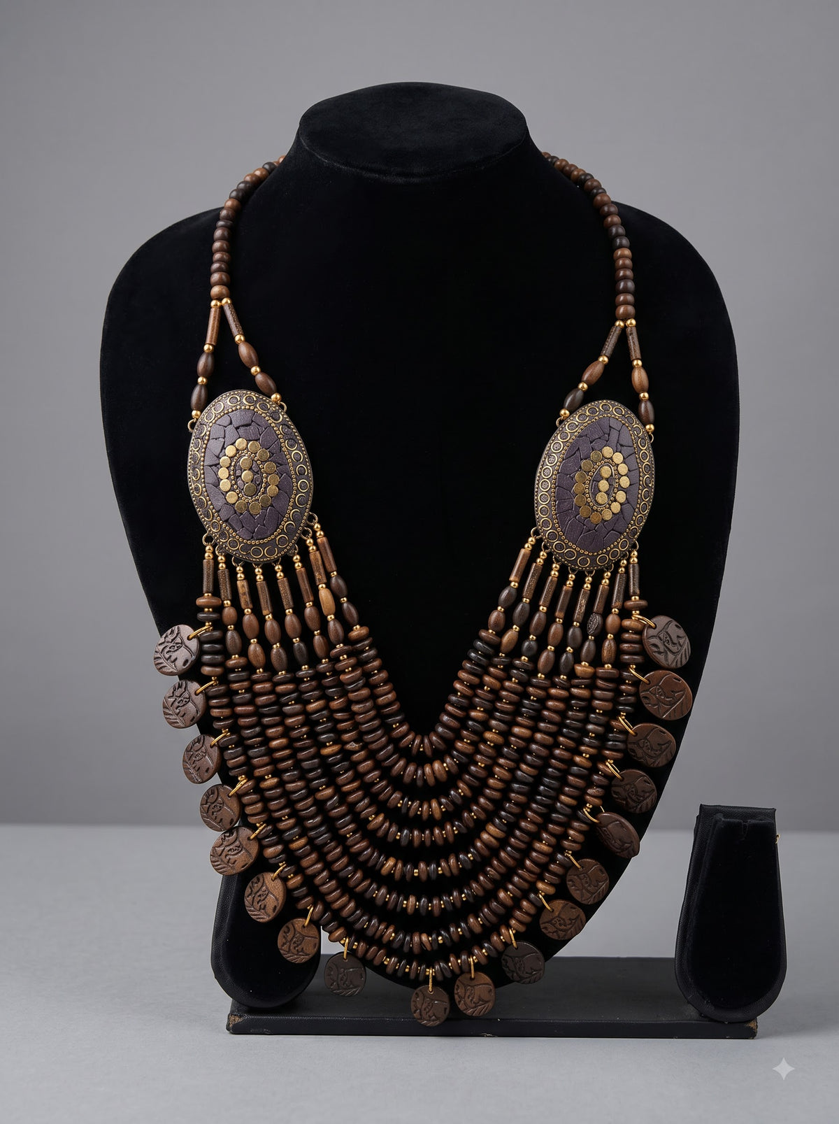 Brown Bone Beads Quirky Statement Necklace with Tibetan Mosaic Details