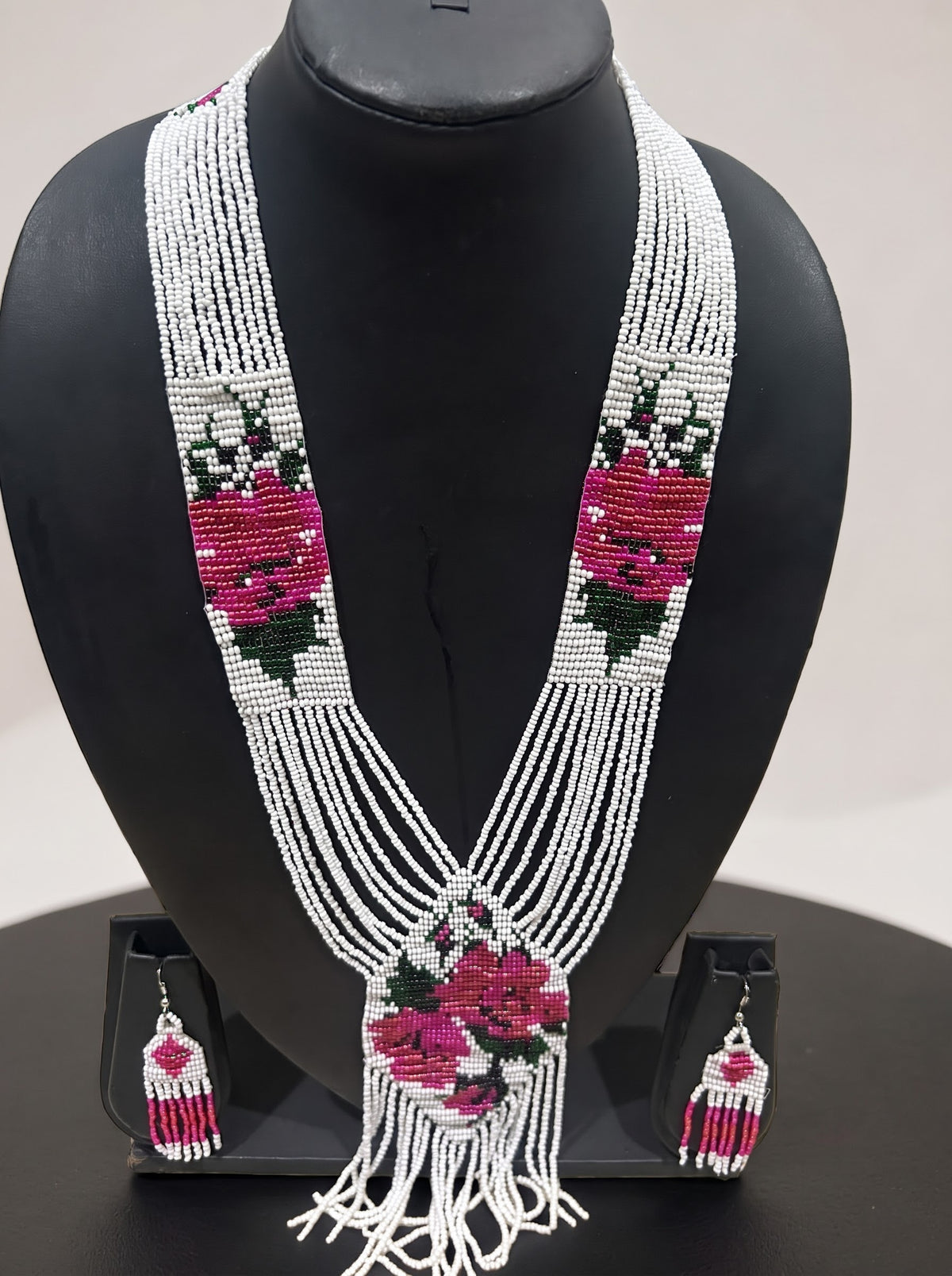 White and Pink Rose Hand Beaded Long Necklace Set