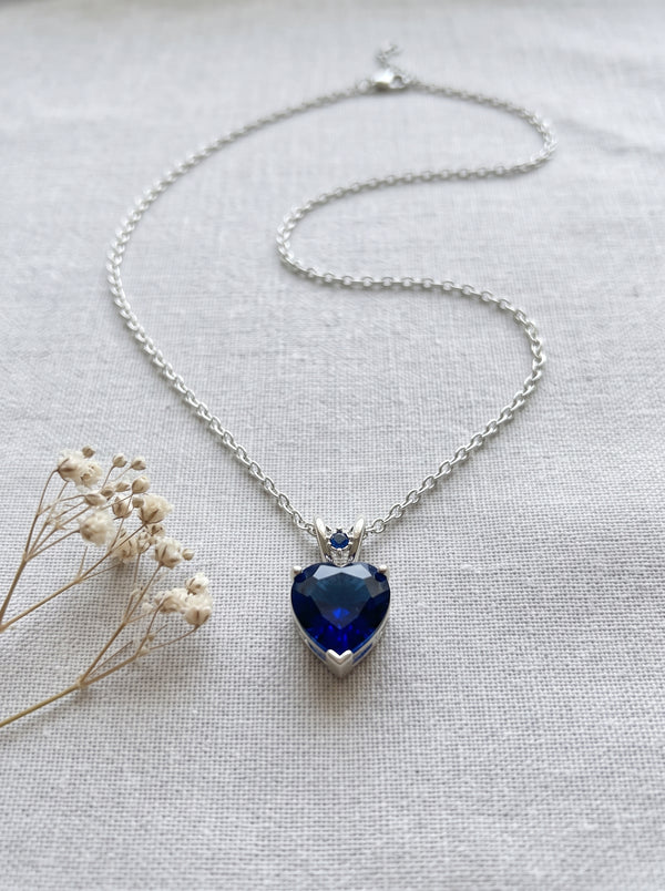 Sapphire Blue Heart Crystal Solitaire on Dainty Silver Chain Necklace