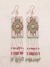 Off-White, Green and Red Hand Beaded Dangler Earrings