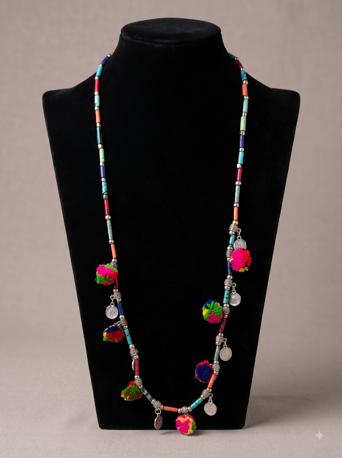 Acrylic Beads, Metal and Pom Pom Long Boho Necklace