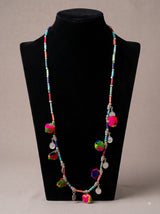 Acrylic Beads, Metal and Pom Pom Long Boho Necklace