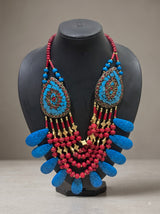 Red and Blue Bone Beads Quirky Statement Necklace with Gold Details