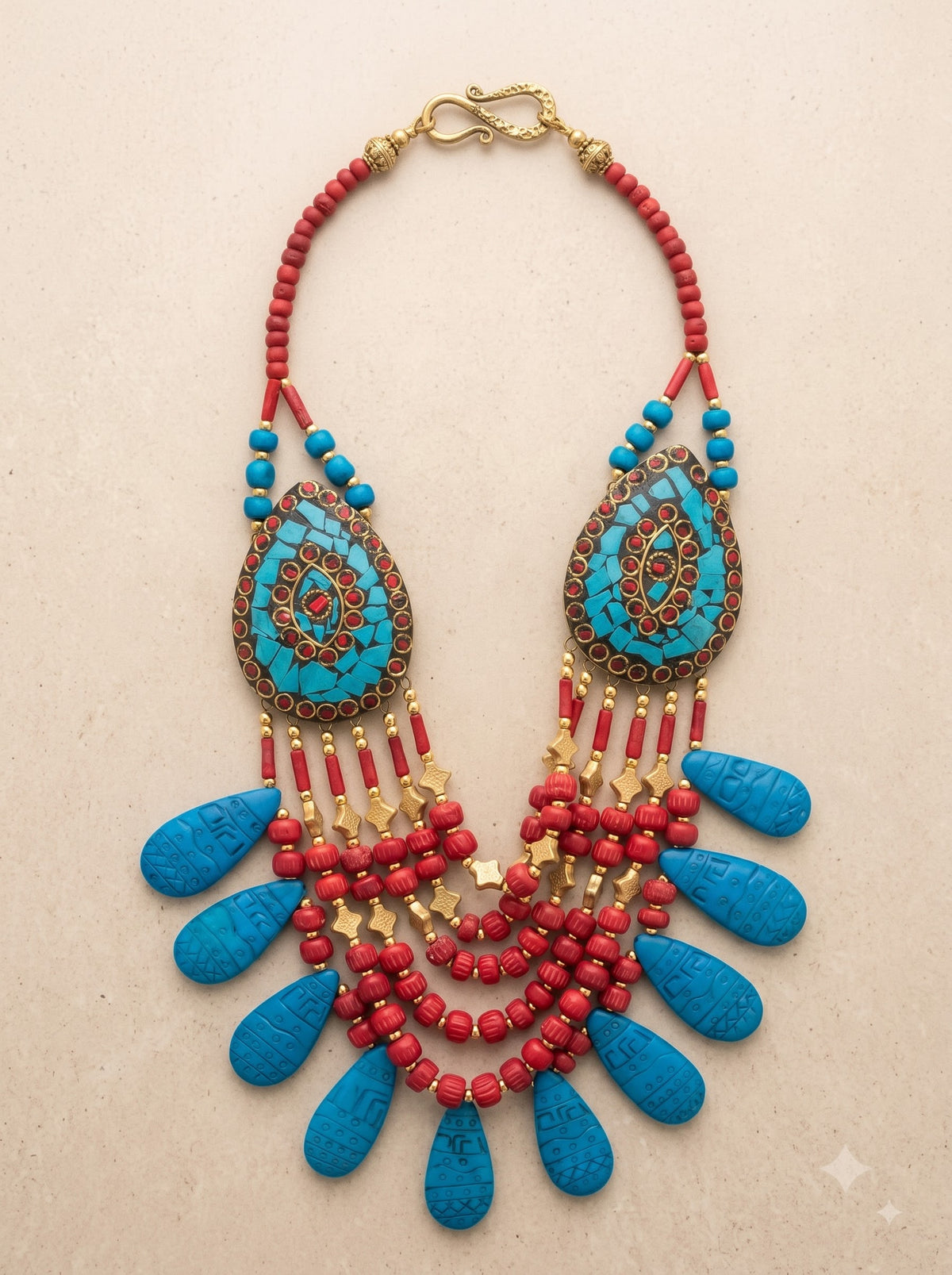 Red and Blue Bone Beads Quirky Statement Necklace with Gold Details