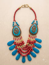 Red and Blue Bone Beads Quirky Statement Necklace with Gold Details