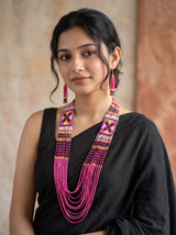 Pink and Multi-Color Hand Beaded Long Necklace Set