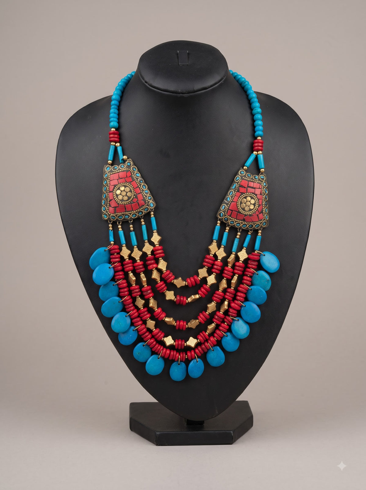Red and Blue Bone Beads Quirky Statement Necklace with Tibetan Mosaic Details