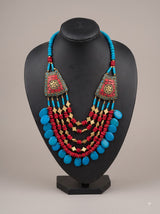 Red and Blue Bone Beads Quirky Statement Necklace with Tibetan Mosaic Details