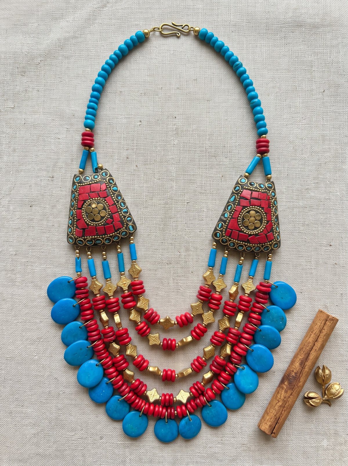Red and Blue Bone Beads Quirky Statement Necklace with Tibetan Mosaic Details