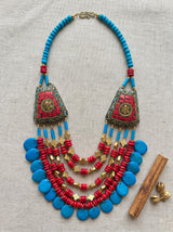 Red and Blue Bone Beads Quirky Statement Necklace with Tibetan Mosaic Details